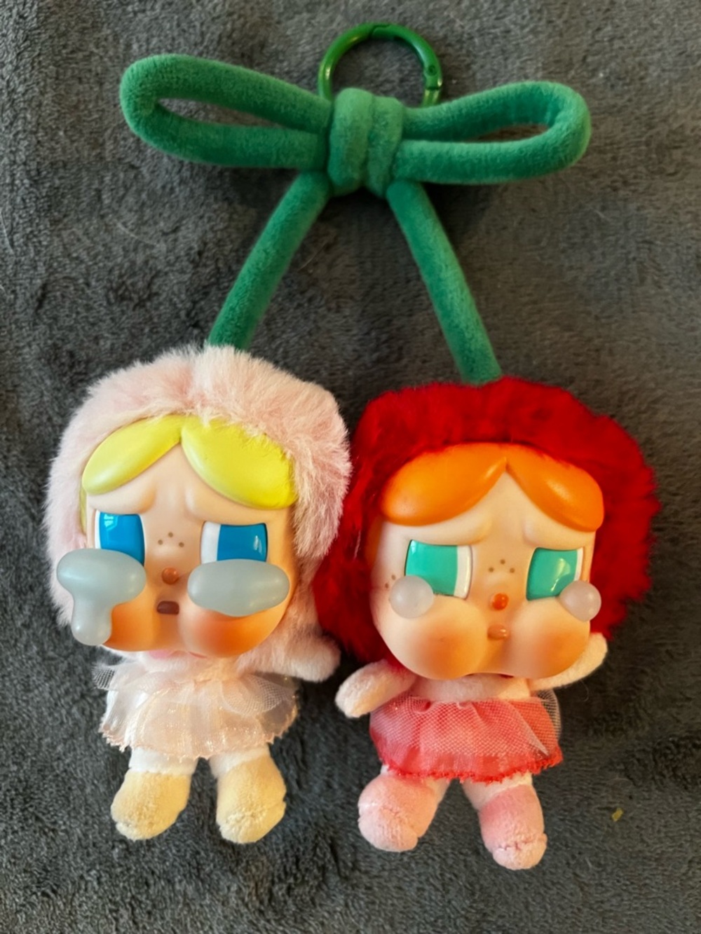 Plush Twin Doll Keychain Pair - Green Ribbon, Pink & Red